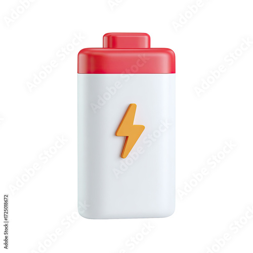 A 3D rendered battery icon;  white body, red top,  yellow lightning bolt symbol