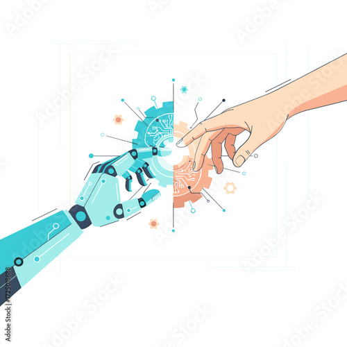 Vector illustration of a human hand and a robot hand connecting, technological singularity. A modern take on The Creation of Adam, symbolizing the synergy, collaboration, and future of humanity and AI