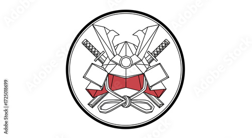 Ancient Japanese Samurai Emblem with Warrior Helmet and Crossed Katana Swords, Symbolizing Honor, Strength, and Cultural Heritage