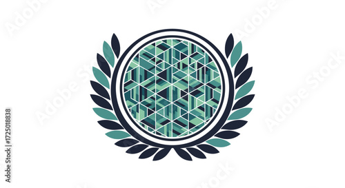 Modern geometric abstract pattern in a stylized circular emblem adorned with elegant laurel wreaths, symbolizing innovation and structured digital design concept artwork