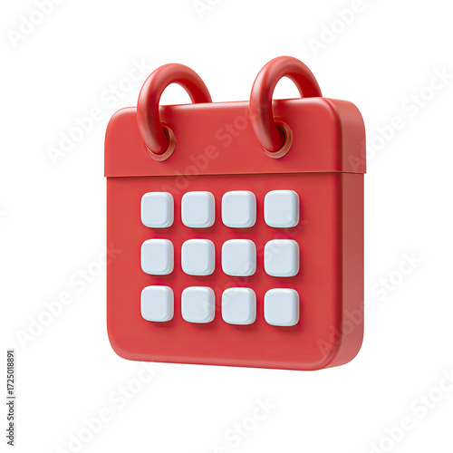 A red, 3D-rendered calendar icon with rounded corners, white squares representing dates, and hanging loops at the top