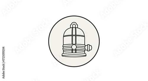 Vintage industrial equipment icon, depicting a classic deep-sea diving helmet or an antique maritime lantern, rendered in a simple monochrome line art style for retro design concepts