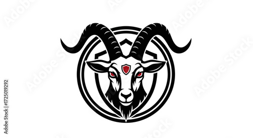 Powerful and fierce horned goat head emblem, meticulously designed as a striking graphic illustration for strength, determination, and identity in various branding applications or gaming mascots