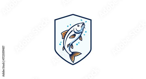 Vibrant leaping fish illustration within a sleek blue shield icon, symbolizing aquatic excellence, fresh produce, or environmental protection branding