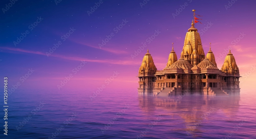 Fototapeta premium Somnath Temple Festival banner background, ocean temple on glowing gradient 