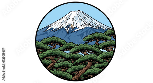 Majestic Mount Fuji vector illustration, with its iconic snow-capped peak and traditional Japanese pine tree forest, presented within a elegant circular graphic design