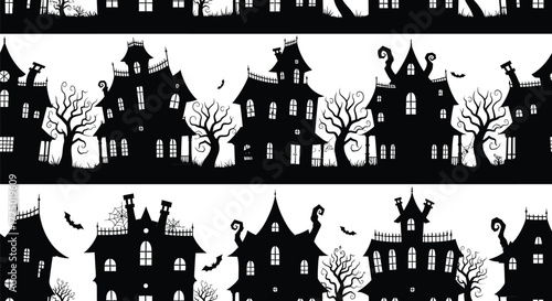 Seamless pattern with haunted houses halloween with spooky mansions and bare trees