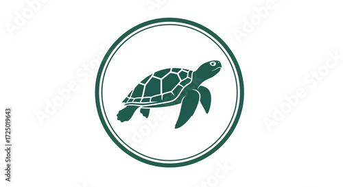 Stylized green sea turtle illustration within a clean, circular design, embodying marine life conservation, aquatic biodiversity, and the serene concept of oceanic wildlife protection
