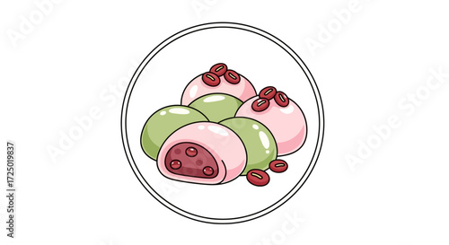 Charming illustration of delicious traditional Japanese mochi, soft and colorful rice cakes filled with sweet red bean paste, a popular Asian dessert