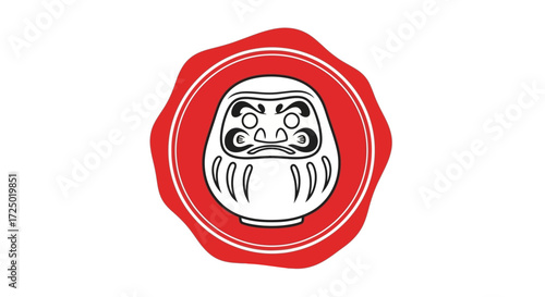 Japanese Daruma doll, a symbol of perseverance and good luck, illustrated within a vibrant red circular seal, ideal for cultural and symbolic designs