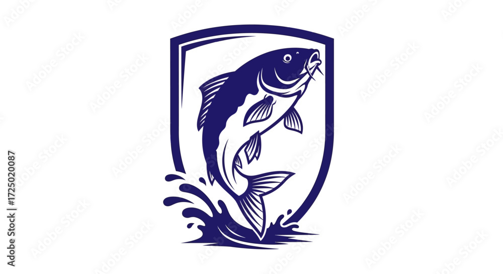 Fototapeta premium Dynamic graphic illustration of a majestic carp fish leaping from water within a shield emblem, symbolizing strength, agility, and the spirit of aquatic life, ideal for branding