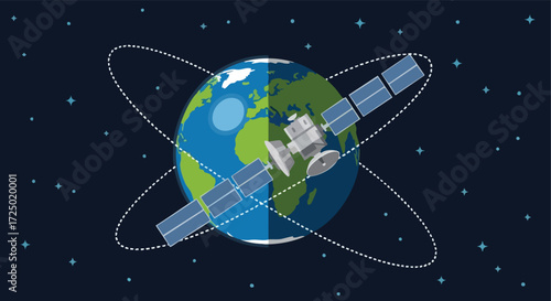 Satellite Orbiting Earth with Solar Panels in a Dark Starry Space