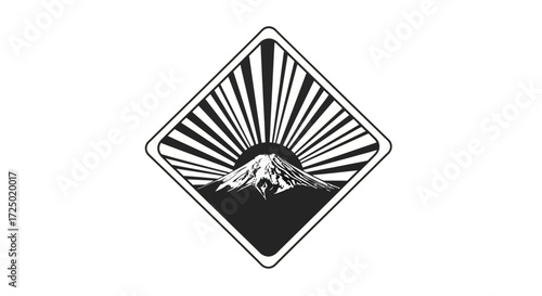 Striking monochromatic emblem of a majestic mountain and radiant sun rays framed within a clean diamond design, capturing the essence of a serene natural landscape with timeless appeal