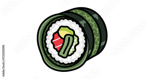 Delicious and fresh sushi roll illustration featuring vibrant ingredients like avocado and fish, representing healthy Japanese cuisine and culinary delights