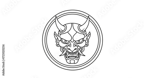 Traditional Japanese demon mask illustration in a circular emblem, depicting a fierce expression with horns and fangs, embodying folklore and powerful cultural symbol
