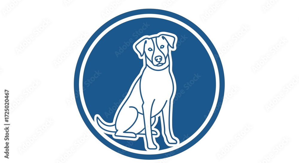 Fototapeta premium Minimalist line art illustration of a friendly sitting dog in a blue circle, perfect for pet care branding and animal welfare logos