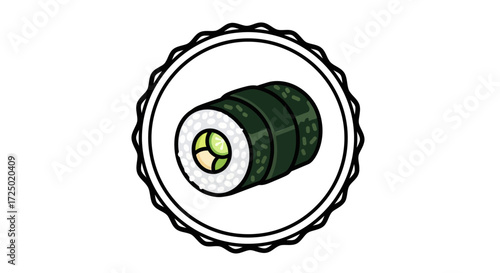 Stylized graphic icon of a traditional Japanese sushi maki roll, featuring rice, nori, and fresh ingredients, perfect for Asian cuisine menus, food delivery application