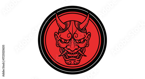 Dynamic illustration of a traditional Japanese demon mask, featuring prominent horns and a menacing expression in bold red and black, symbolizing power and ancient folklore