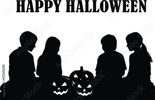 Silhouette of children sitting around pumpkins with the words happy halloween