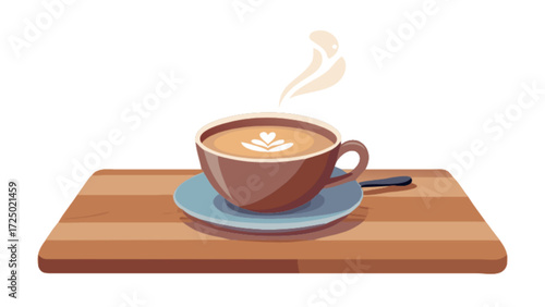 Delicious hot coffee latte art in brown cup on wooden board for coffee lovers and cafe enthusiasts design