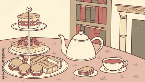 Afternoon tea party with cake sandwiches and macarons vector illustration tea time sweet treats and books 100