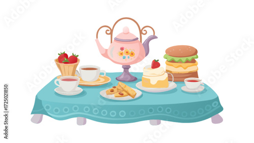 Afternoon tea party with teapot, cakes, strawberries, and sandwiches on a blue tablecloth illustration