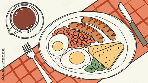 Delicious english breakfast with fried eggs sausages beans and toast vector illustration design art food