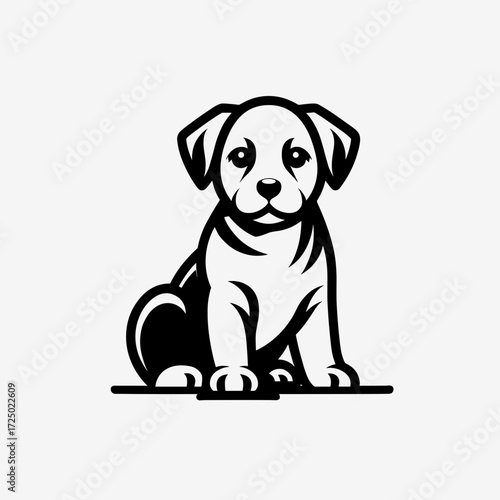 Cute puppy illustration in black and white sitting quietly  