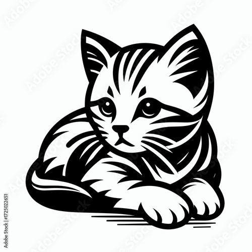 Cute striped kitten lying down in black and white illustration  