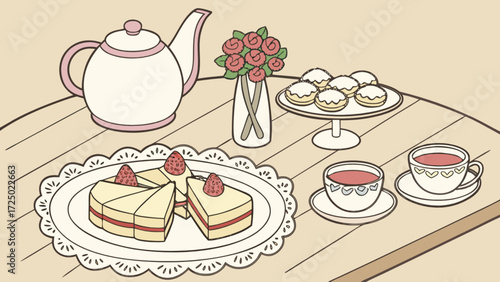 Afternoon tea party illustration with teapot cake and tea cups for a relaxing and cozy moment drawing
