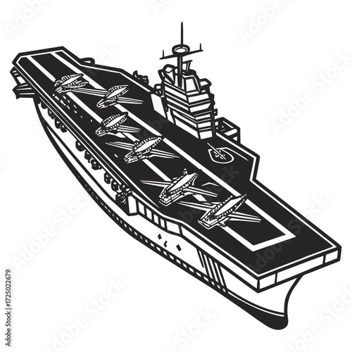 Illustration of an aircraft carrier, showcasing a fleet of fighter jets on its deck, symbolizing naval aviation and military might in a dynamic scene