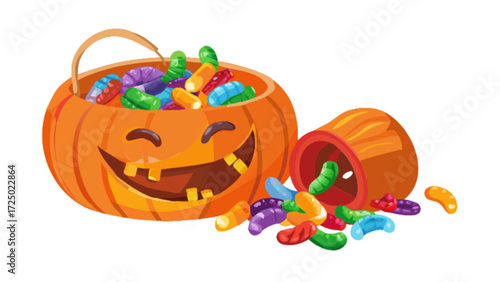Halloween pumpkin bucket overflowing with candy trick or treat sweets and spooky season festive treats