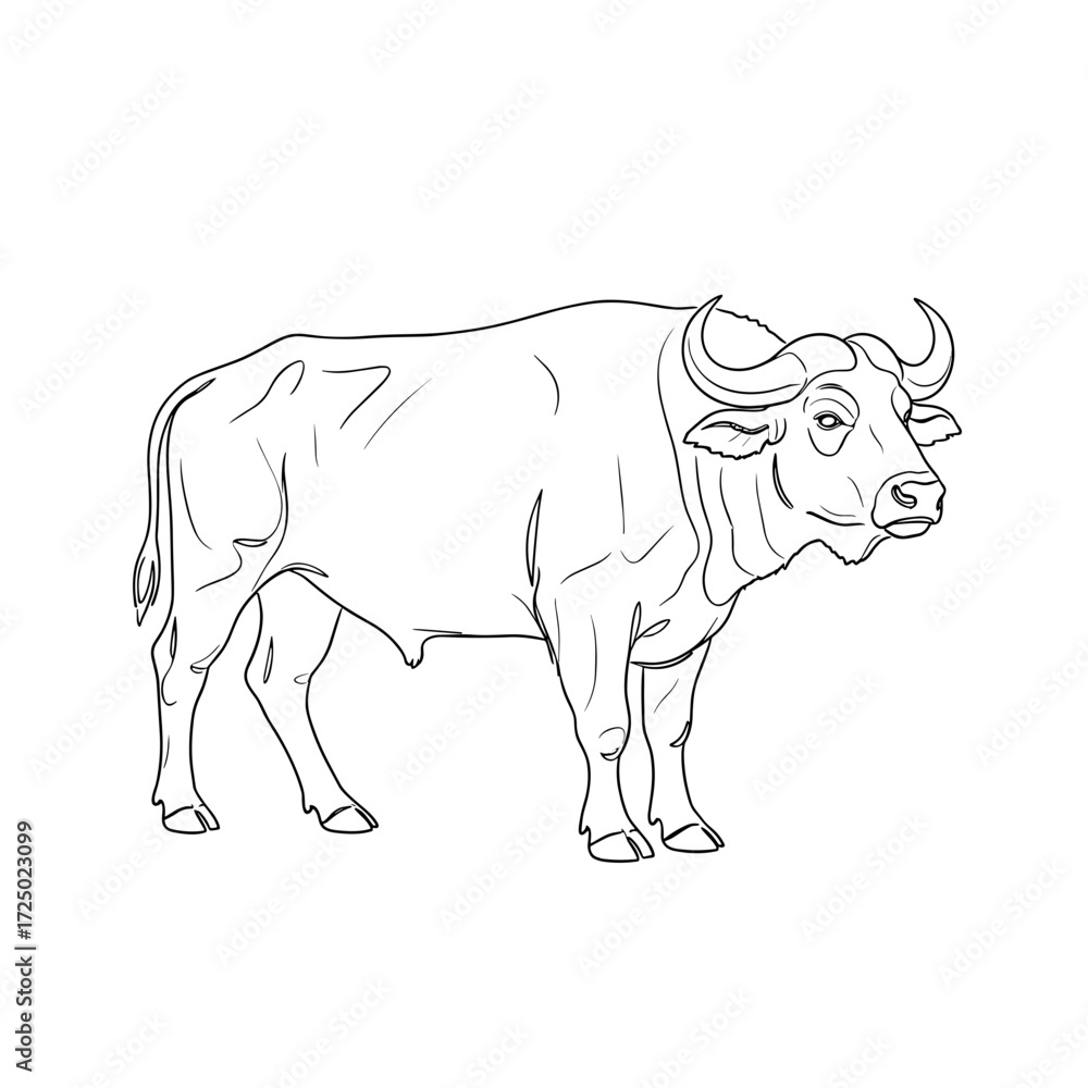 Fototapeta premium Outline illustration of a standing buffalo in profile view on a transparent background 
