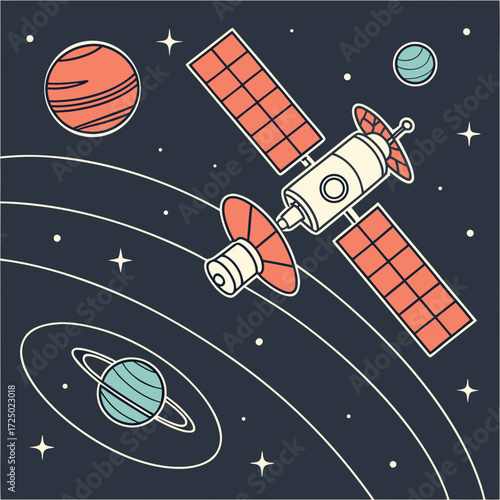 Illustration of a satellite orbiting planets in space, representing cosmic exploration, scientific research, and the wonders of the universe, perfect for themes of astronomy and discovery