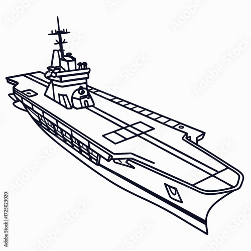 Vector art of line art illustration of an aircraft carrier, a powerful warship designed to deploy and recover aircraft, projecting naval strength across the seas