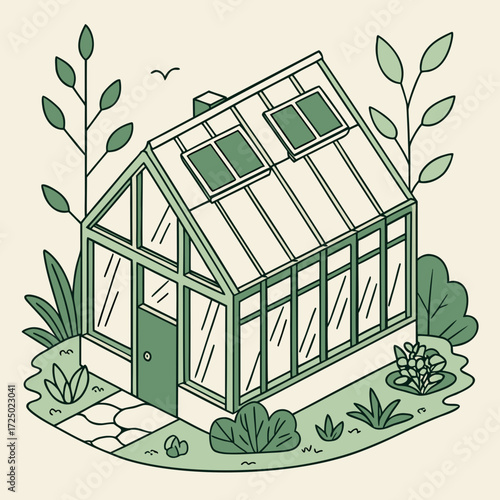 Illustration of a charming greenhouse surrounded by lush greenery, showcasing a serene and ecofriendly scene, perfect for themes of sustainability, gardening, and peaceful living