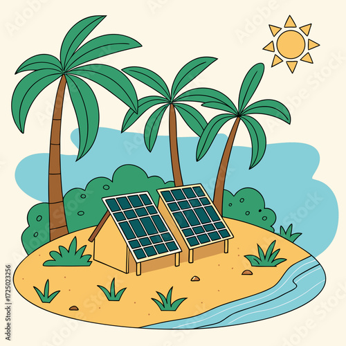 Vector art of solar panels on a tropical island with palm trees, beach, and ocean, showcasing renewable energy in an idyllic setting, promoting ecotourism and sustainable living