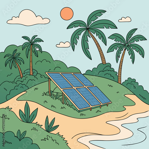 Vector art of solar panel on a tropical island with palm trees, beach, and ocean, highlighting renewable energy in a paradise setting, promoting ecotourism and sustainable development