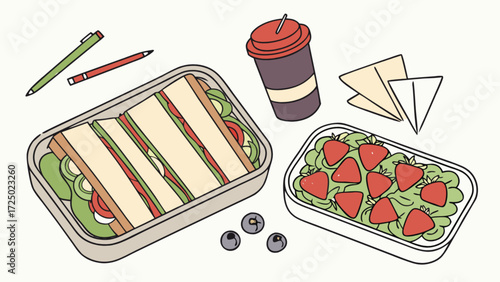 Healthy lunch box ideas with sandwich salad strawberries blueberries and drink for school or work break time