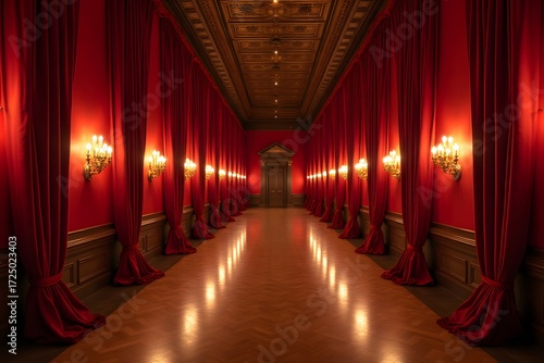 A long banquet hall with velvet curtains and golden wall sconces.
