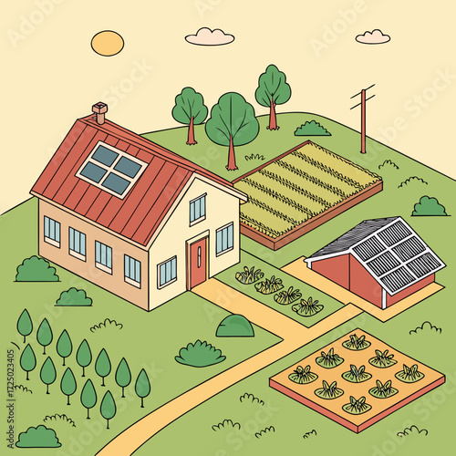 Vector art of isometric illustration of a sustainable farm with solar panels on the house and barn, vegetable gardens, and trees, showcasing ecofriendly living and renewable energy sources