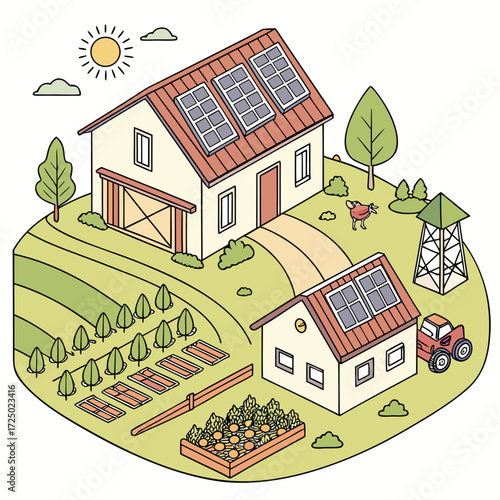 Vector art of isometric illustration of a sustainable farm with solar panels on the house and barn, vegetable gardens, and trees, showcasing ecofriendly living and renewable energy sources