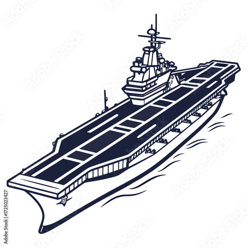 Illustration of an aircraft carrier, a warship designed for deploying and recovering aircraft at sea, featuring a flat flight deck and a superstructure