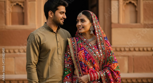 Happy indian rajasthani couple in traditional attire posing on diwali festival