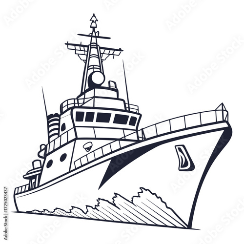 Illustration of a modern navy ship, showcasing its sleek design and powerful presence on the water, perfect for naval themes and maritime adventures
