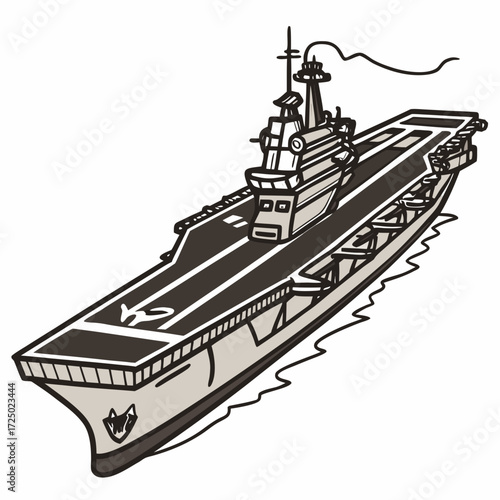 Illustration of an aircraft carrier, a naval vessel designed for deploying and recovering aircraft, featuring a flight deck and a distinctive control tower