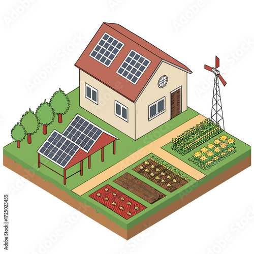 Vector art of isometric illustration of a sustainable farm with solar panels on the house and barn, vegetable gardens, and trees, showcasing ecofriendly living and renewable energy sources