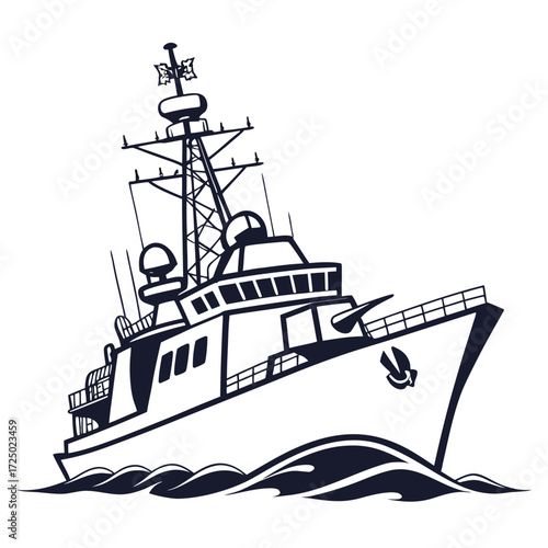 Illustration of a modern navy ship, highlighting its robust structure and advanced technology, ideal for naval history and maritime engineering projects