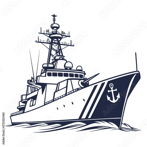 Illustration of a modern navy ship with anchor, symbolizing strength and maritime security, perfect for coastal protection and naval operations themes