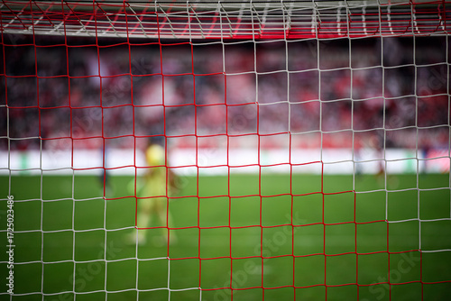ed and white football goal net in sharp focus with a blurred goalkeeper and stadium crowd in the background. Selective focus, shallow depth of field, game atmosphere, copy space.